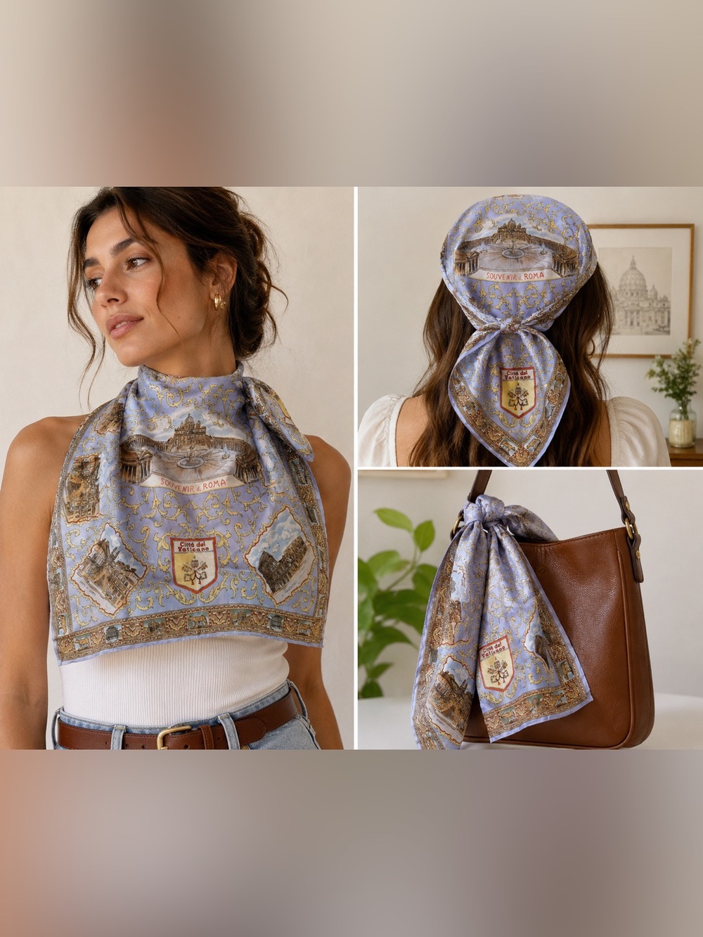 Vintage Souvenir di Roma Vatican City Scenic Acetate Scarf Italy 30x30